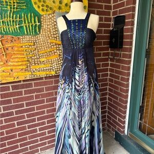Jovani Blue and Gold Halter Maxi Dress for Prom